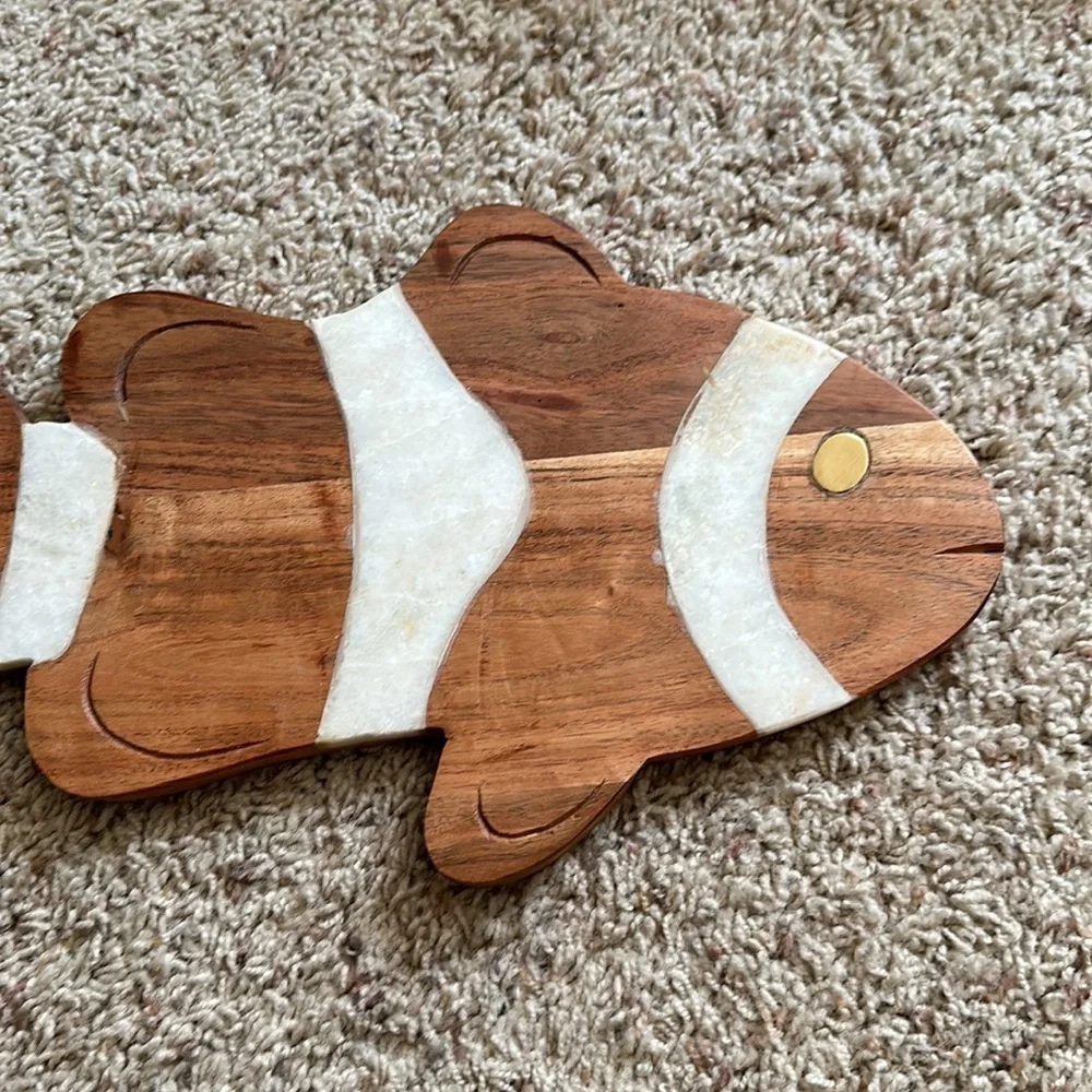 Anthropologie Wood and White Marble Fish Serving Boards